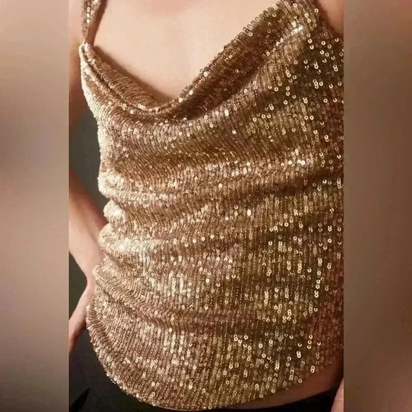 NWT By Anthropologie Cowl-Neck Sequin Camisole Party Tank Gold Size Small - Picture 2 of 13